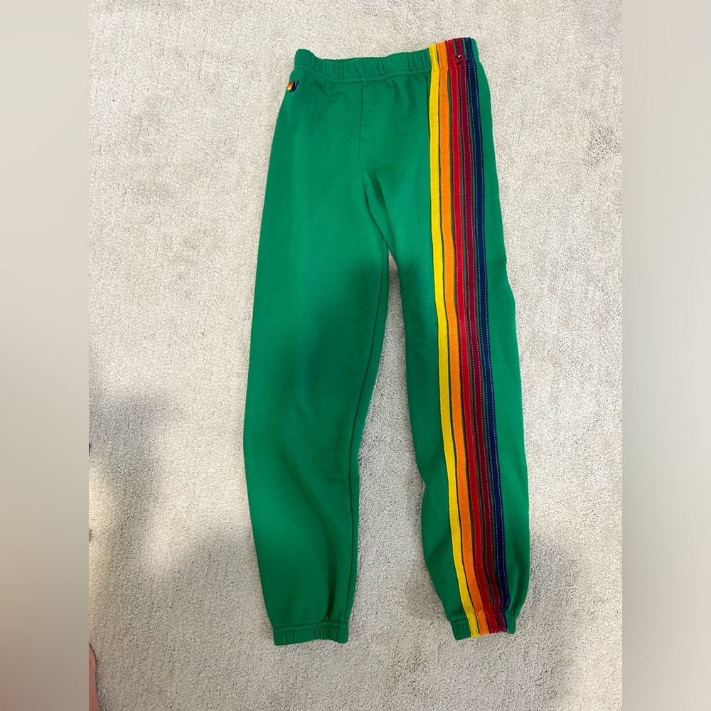 Aviator Nation Green Track Pants with Rainbow Stripes size 14 youth